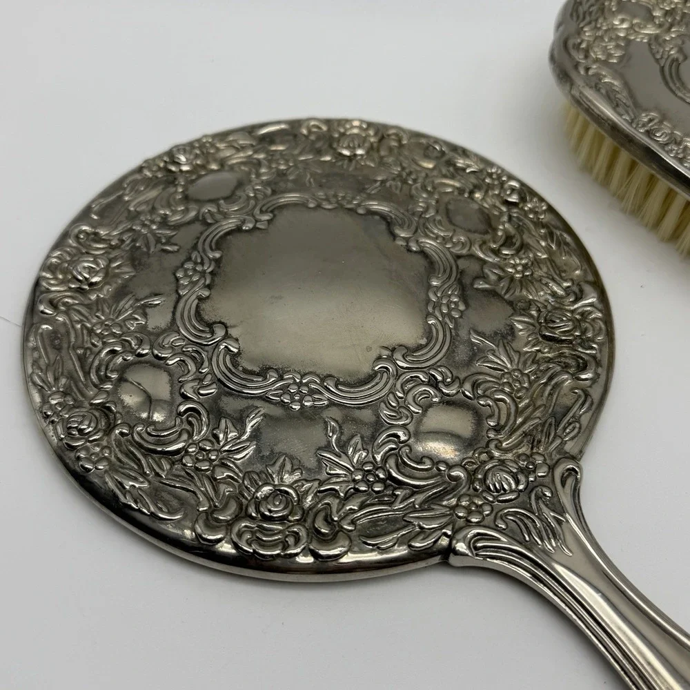 Vintage Silverplate Vanity Hand Mirror & Hair Brush Set Ornate Floral Repousse